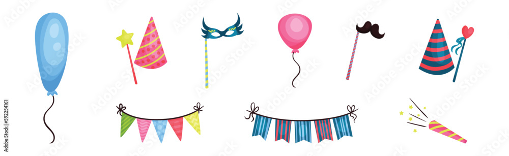 Colorful Flag Garland, Cap and Balloon as Birthday Celebration Symbol Vector Set