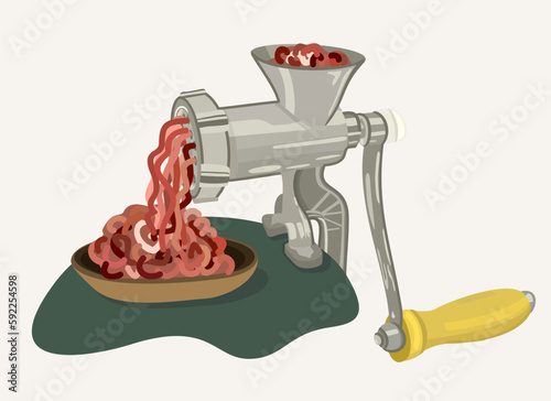 Meat gringer and bowl with mincemeat. Vector illustration isolated on light background.