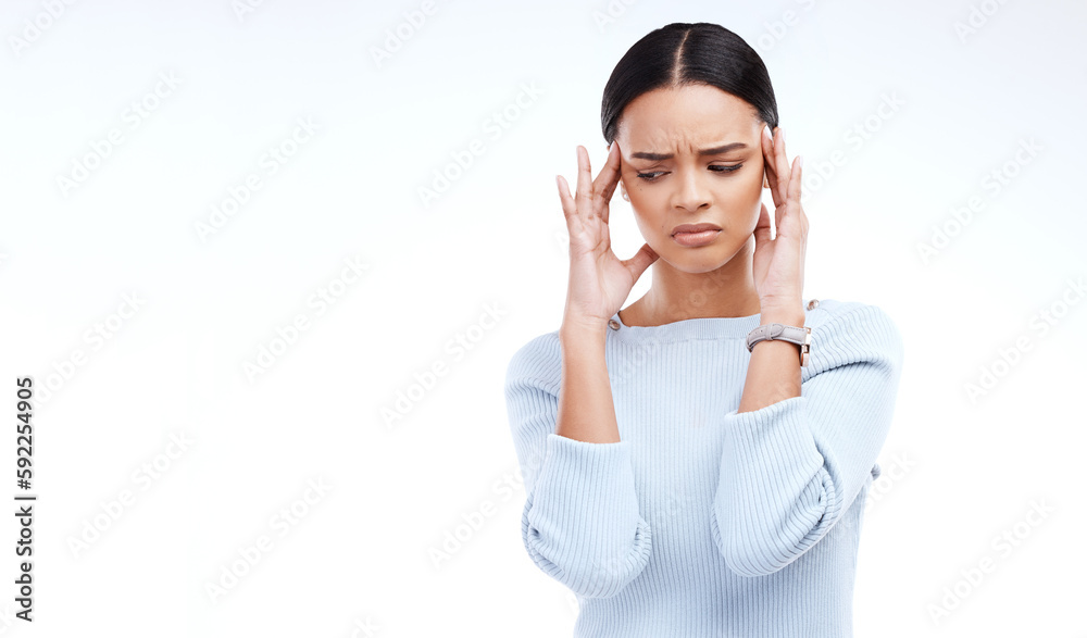 Sick, woman and pain of headache in white background, isolated studio and mockup. Stress, migraine and female model with anxiety of brain fog, frustrated problem or depression of mental health crisis Sick, woman and pain of headache in white background, isolated studio and mockup. Stress, migraine and female model with anxiety of brain fog, frustrated problem or depression of mental health crisis