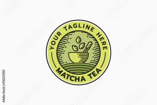 matcha logo in emblem form with combination of a cup of matcha, whisk and tea leaves in line style