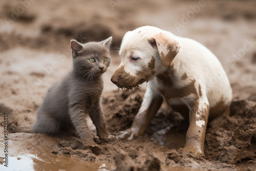 cute dogs and cats playing in the mud