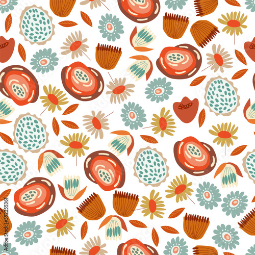 Vector seamless texture with cute wildflowers and flower buds.