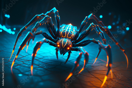 Close up of spider on tile floor with bright lights in the background. Generative AI.