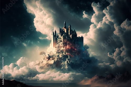 a wonderful picture of a dreamlike place, with a mountain, a castle, and a wonderful sky