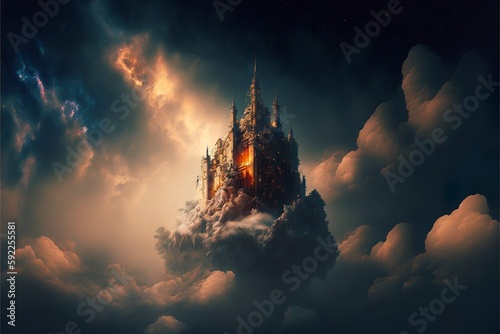 a wonderful picture of a dreamlike place, with a mountain, a castle, and a wonderful sky