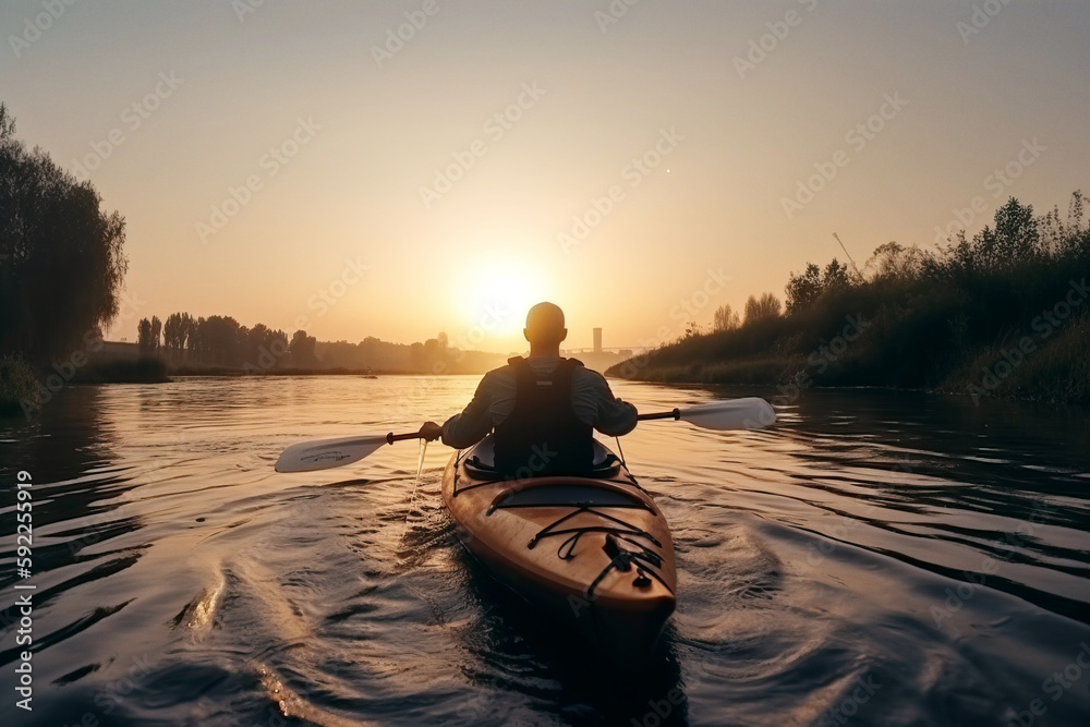 Sailing the kayak at the river in the evening. Getting away from it all concept. Not an actual real person. Digitally generated AI image