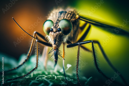 Close - up of mosquito on leaf with blurry background. Generative AI. © valentyn640