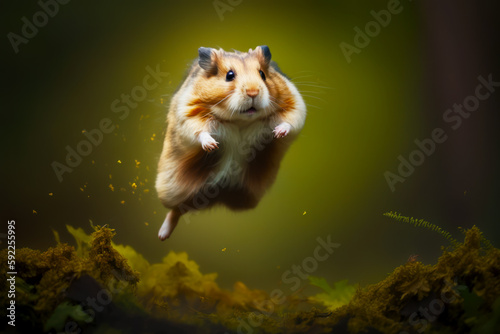 Hamster flying through the air with its front paws on it's back legs. Generative AI.