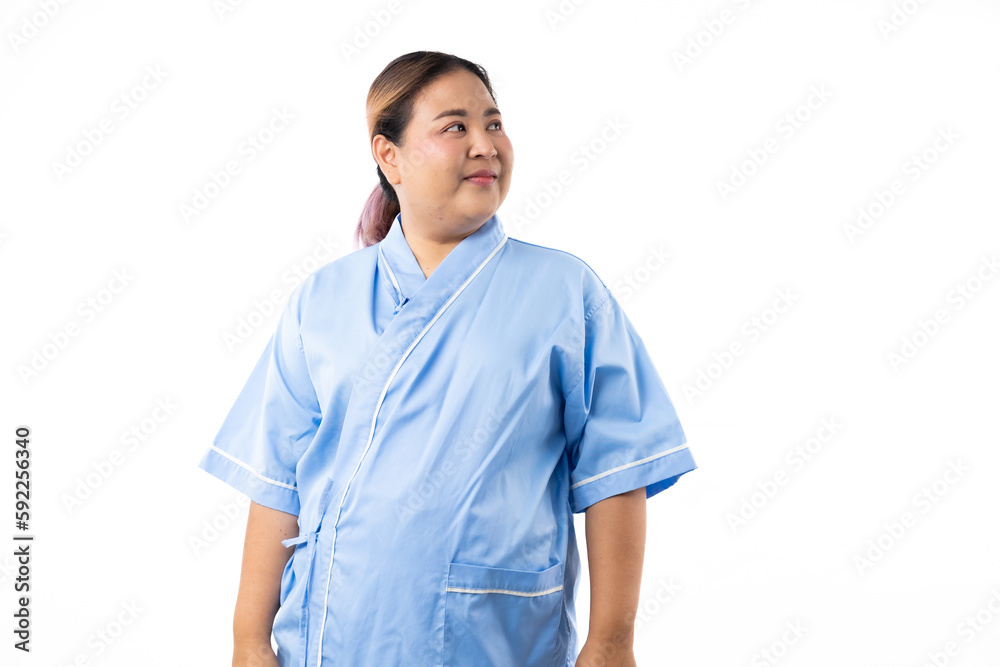 Portrait Asian female patient looking at camera. Happy smiling asian women patient on white background. Fat and overweight obese woman