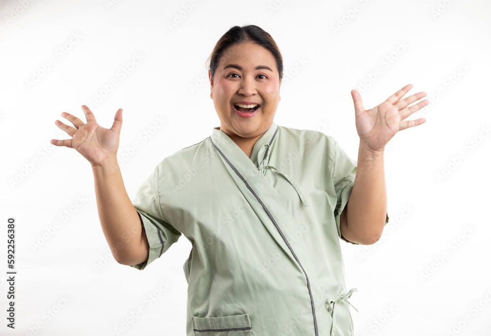 WOW and excited screaming Asian female. Happy smiling asian women patient on white background. Fat and overweight obese woman WOW and excited screaming Asian female. Happy smiling asian women patient on white background. Fat and overweight obese woman