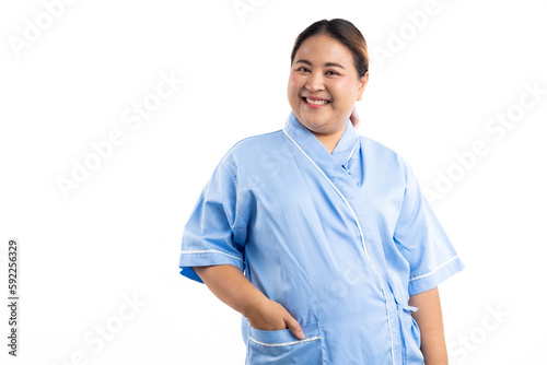 Portrait Asian female patient looking at camera. Happy smiling asian women patient on white background. Fat and overweight obese woman