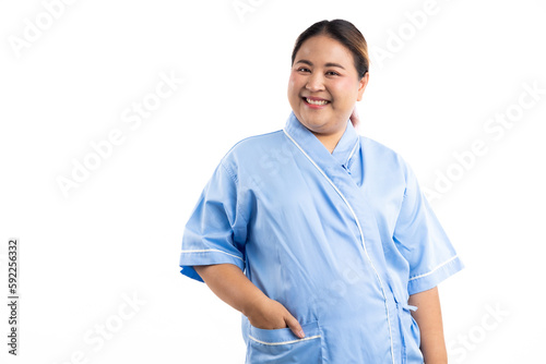 Portrait Asian female patient looking at camera. Happy smiling asian women patient on white background. Fat and overweight obese woman