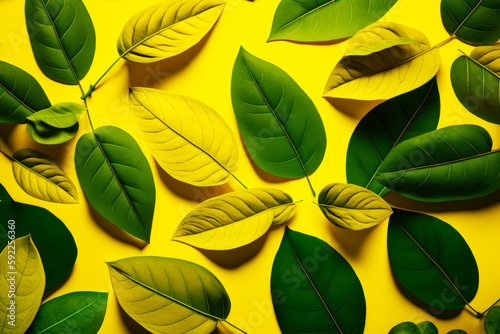 Group of green leaves on yellow background with green leaves on it. Generative AI.