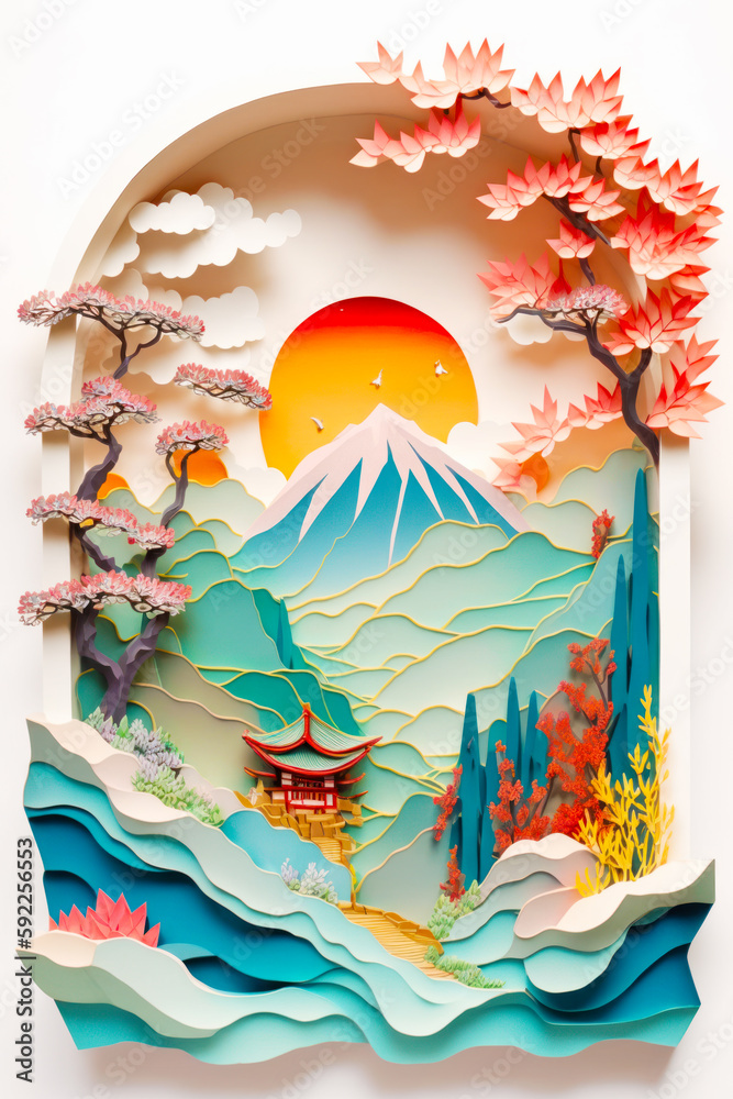 Paper cut of landscape with mountains, trees, and pagoda. Generative AI.