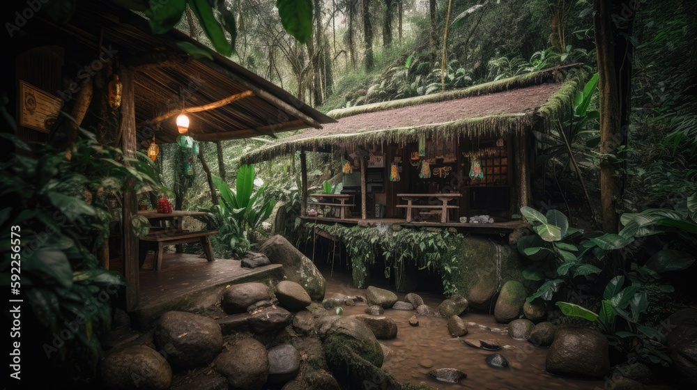 Obraz premium Coffee shop or village in the jungle forest
