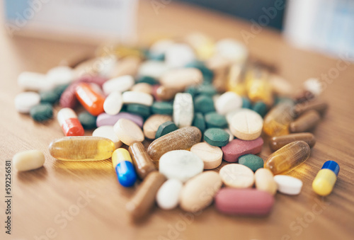 Healthcare, tablets or table with medicine pills or supplements products at drugstore clinic. Pharmaceuticals background, blurry or medical vitamins, depression anxiety drugs or stress medication