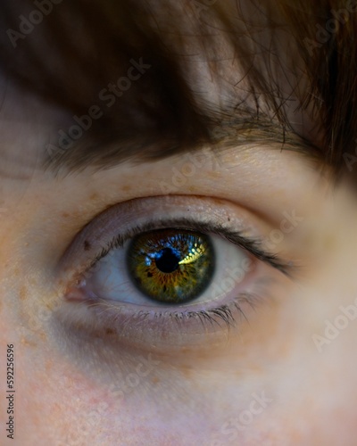 Macro of a beautiful green eye of a ginger girl with freckles