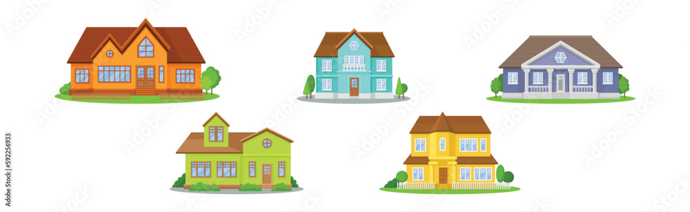 Residential Houses Exterior with Green Bushes and Tree Vector Set