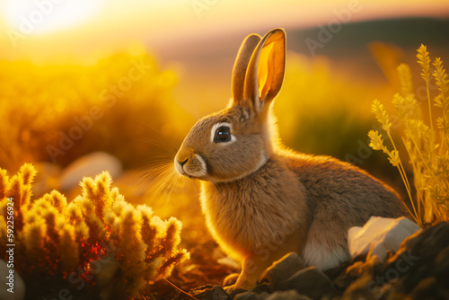 Rabbit is sitting in field of grass and flowers at sunset with the sun behind it. Generative AI.