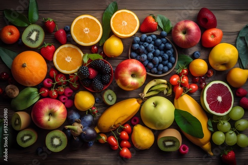 Colorful flat lay of fresh fruits and vegetables on a wooden background. Oranges  strawberries  kiwi  blueberries  and cherry tomatoes. Generative ai.