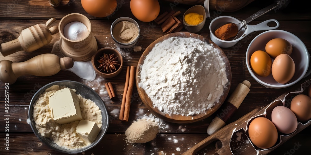 Flat lay of baking ingredients for a homemade pie: Flour, sugar, butter, eggs, and other ingredients on a wooden surface. Generative ai Flat lay of baking ingredients for a homemade pie: Flour, sugar, butter, eggs, and other ingredients on a wooden surface. Generative ai