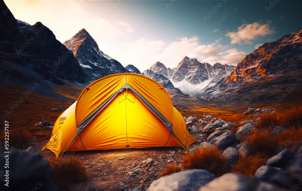 Yellow tent sitting in the middle of rocky field with mountains in the background. Generative AI.