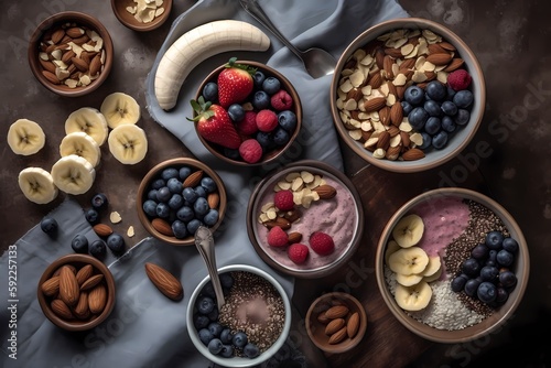 Flat lay of ingredients for a healthy smoothie bowl: Frozen berries, sliced bananas, chia seeds, granola, and almond milk in an aesthetically pleasing manner. Generative Ai.