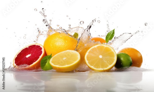 Juicy fresh fruits with water splash on white Creating using generative AI tools © uhdenis