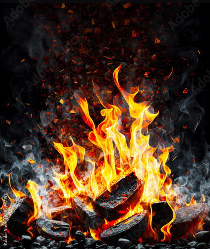 Close up of fire with lots of fire and smoke coming out of it. Generative AI.