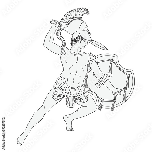 An ancient Roman warrior with a sword and shield in his hands, ready to attack the enemy. Man isolated on white background. Vector line drawing.