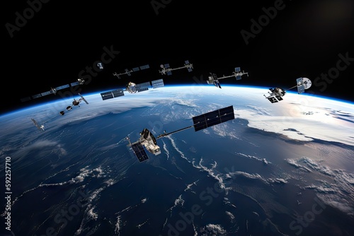 satellites in orbit, with view of the earth and its atmosphere visible, created with generative ai photo