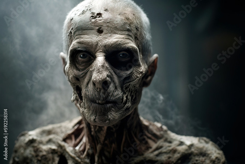 Rotten zombie face close-up. Not an actual real person. No image prompts were used. Digitally generated AI image