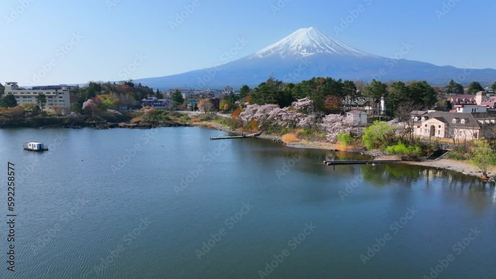 Fuji mountain on a sunny day in spring in Japan, aerial view of Kawaguchiko lake and snowcapped Fuji mountain, Japanese scenic landscape Fuji mountain on a sunny day in spring in Japan, aerial view of Kawaguchiko lake and snowcapped Fuji mountain, Japanese scenic landscape