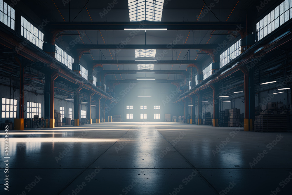 Empty warehouse with lot of light coming through the windows on foggy day. Generative AI. - obrazy, fototapety, plakaty 