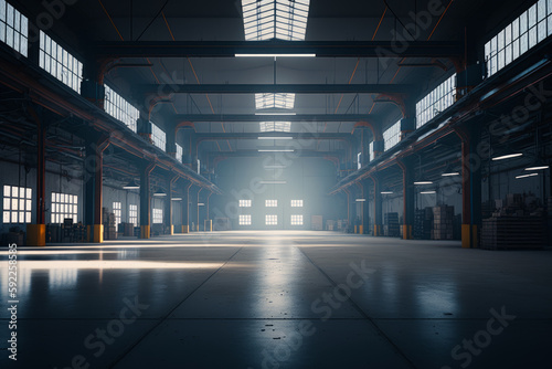 Murais de parede Empty warehouse with lot of light coming through the windows on foggy day