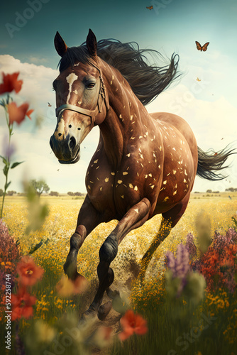 Image of horse running through field of wildflowers with blue sky in the background. Generative AI.