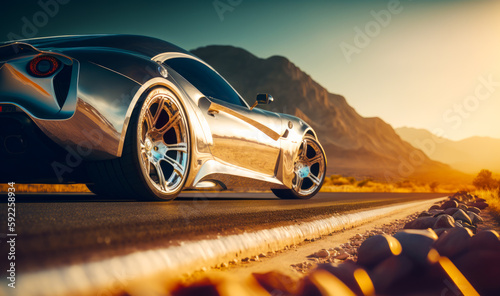 Silver sports car driving on road in the middle of desert with mountains in the background. Generative AI.