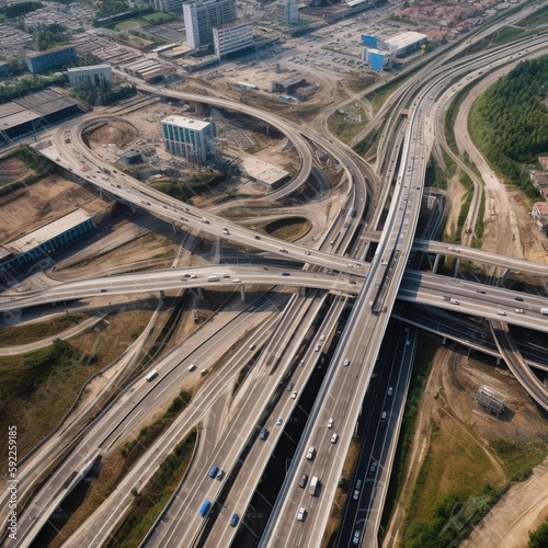 Aerial photograph of a contemporary multilevel interchange highway with National road. generative ai
