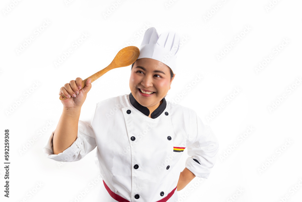 Happy smile Asian obese woman head chef wearing cooking uniform, holding wood ladle kitchen tool standing isolated on white background. Gastronomy expert. Professional cooking, culinary and people Happy smile Asian obese woman head chef wearing cooking uniform, holding wood ladle kitchen tool standing isolated on white background. Gastronomy expert. Professional cooking, culinary and people