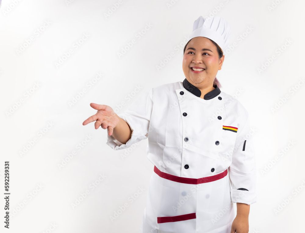 Happy smile Asian obese woman head chef wearing cooking uniform, throw wood ladle kitchen tool standing isolated on white background. Gastronomy expert. Professional cooking, culinary and people Happy smile Asian obese woman head chef wearing cooking uniform, throw wood ladle kitchen tool standing isolated on white background. Gastronomy expert. Professional cooking, culinary and people
