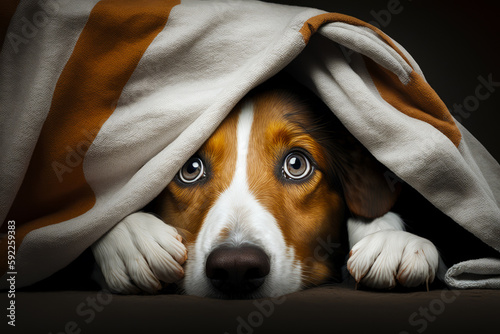 Brown and white dog laying under blanket on top of bed. Generative AI. © valentyn640