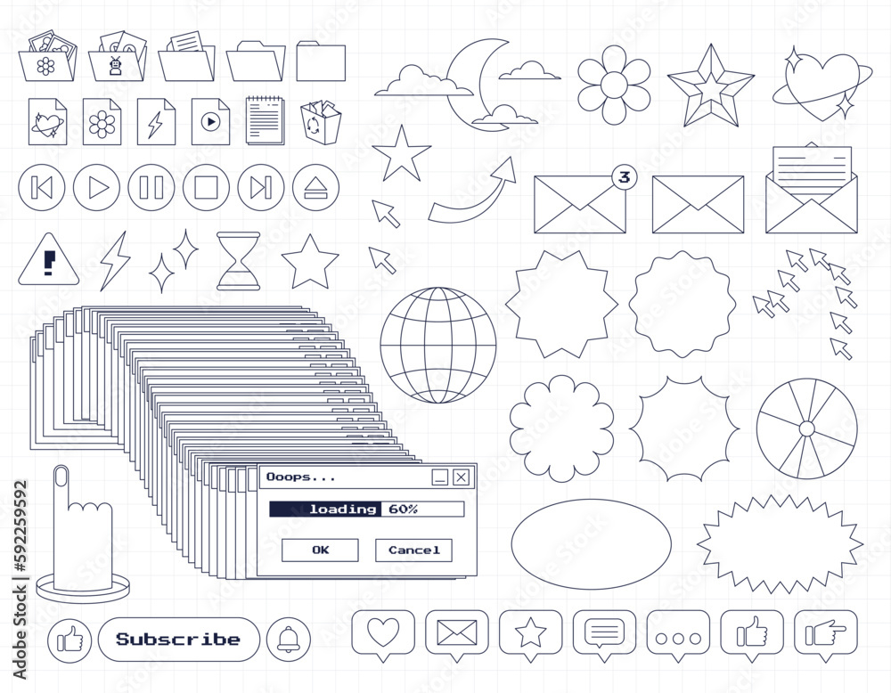 Set of retro computer ui nostalgic elements and stickers. Old PC 90s user interface icons with an outline. Frozen window, loading, buttons, folders, arrow. Outline Y2K icons. Vector illustration.
