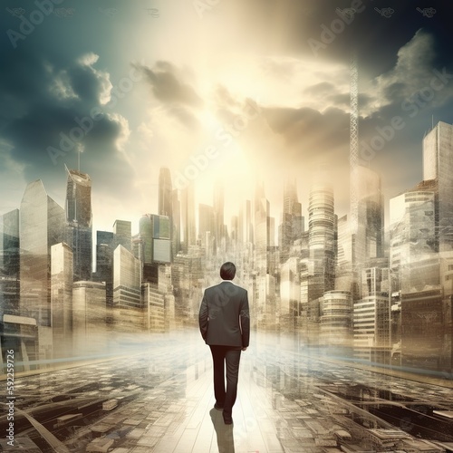 businessman walks from an alley to the modern city. Concept of business ambition and vision. generative ai