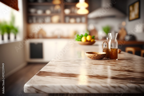 Kitchen with marble counter top and wooden bowl of lemons. Generative AI.