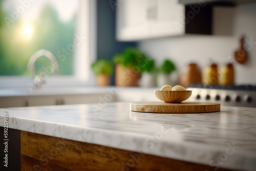 Wooden bowl sitting on top of white counter top next to window. Generative AI.