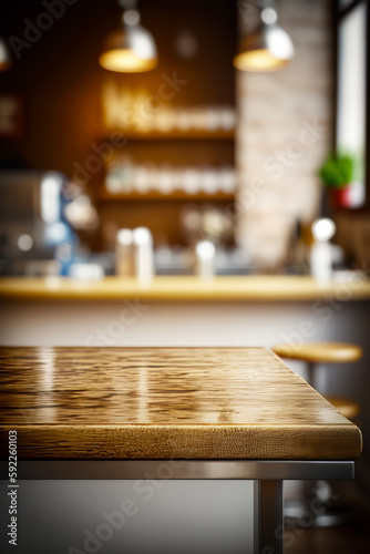 Close up of wooden table with blurry kitchen in the background. Generative AI.