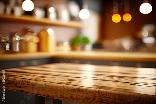 Wooden table top in kitchen with blurry image of the counter top. Generative AI. © valentyn640