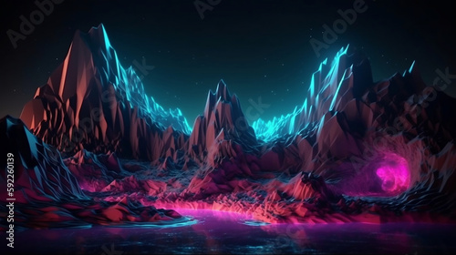 Neon background. Cosmic landscape  terrain at night with rocks and water. Rectangular frame glowing   pink blue neon light. Generative AI.