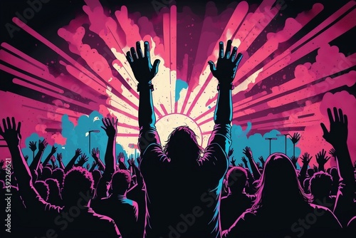 A banner showing a crowd with raised hands at a concert festival. Generative AI