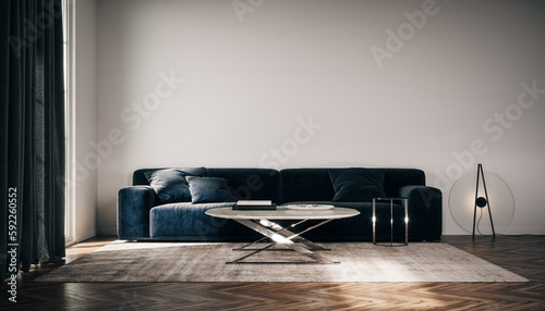 Fototapeta Naklejka Na Ścianę i Meble -  Modern interior design of living room. Black sofa and empty white mockup wall background. 3D Rendering, 3D Illustration